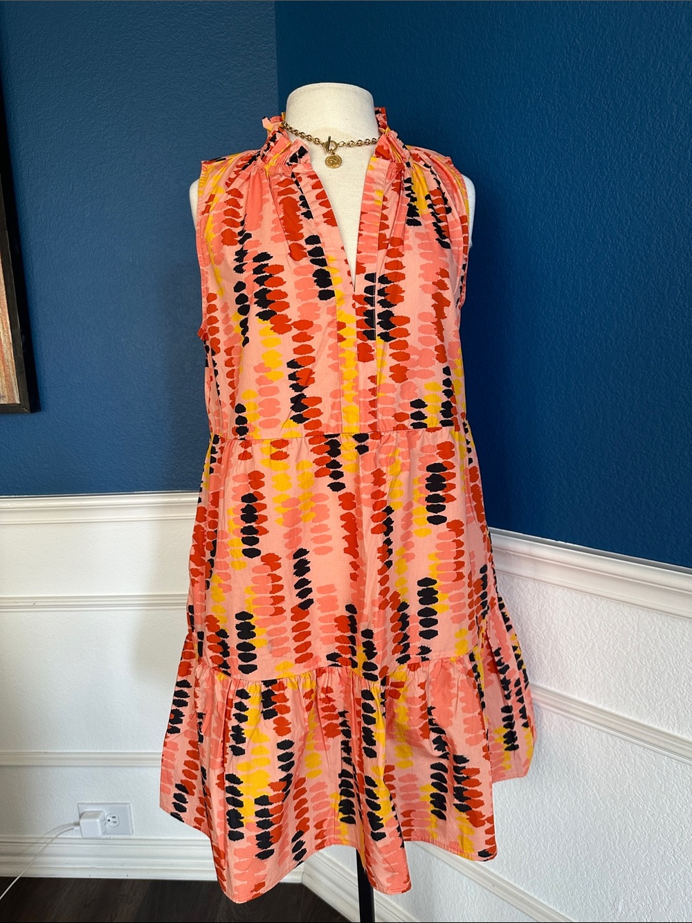 Sugarlips Coral Abstract Dot Tiered Sleeveless Dress